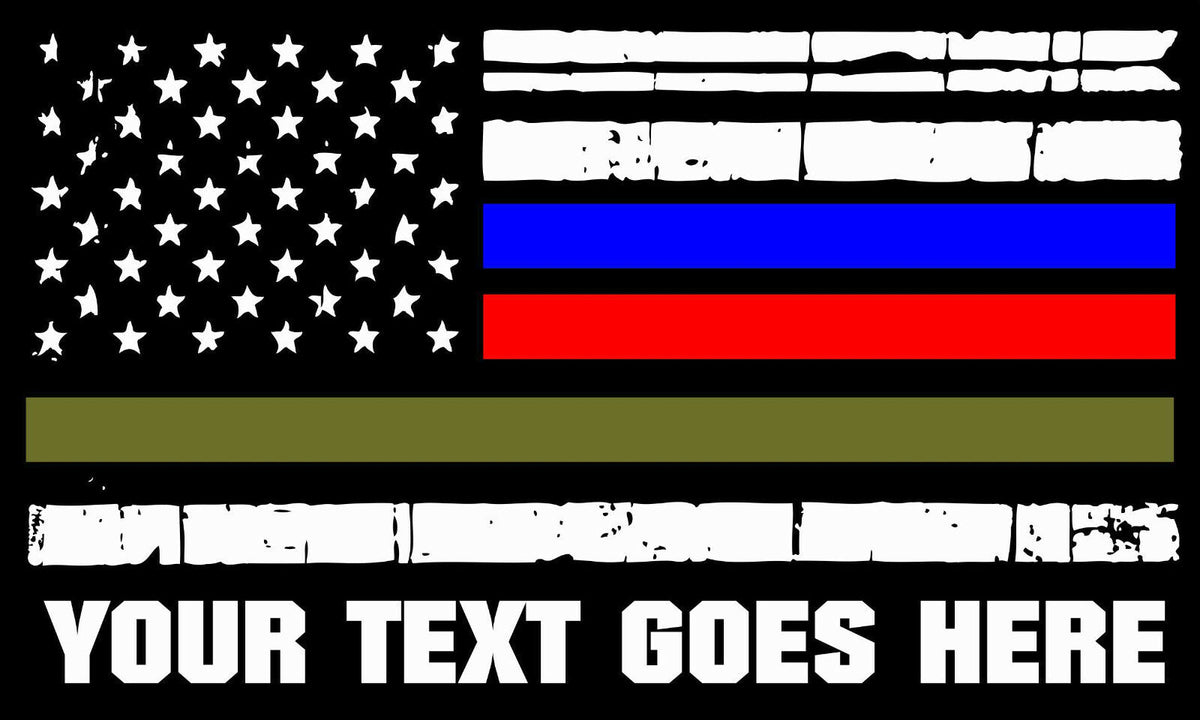 Thin Blue Line Decal -  Fire Military Tattered Flag Decal WITH YOUR CUSTOM TEXT - Powercall Sirens LLC