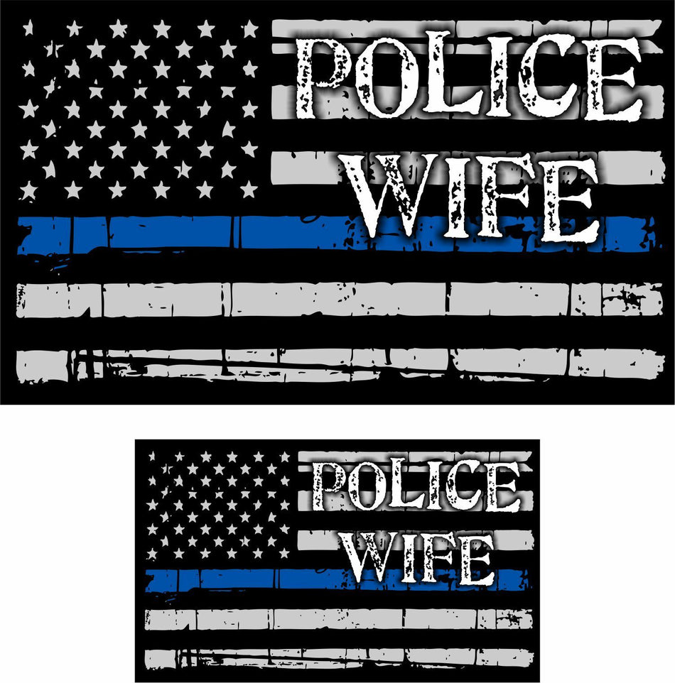 Tattered Police Officer WIFE Thin Blue Line reflective American Flag Decal x 2 - Powercall Sirens LLC