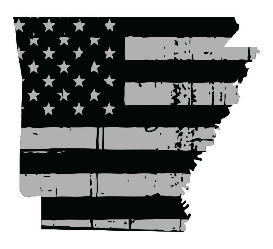 Tattered USA Flag Black/Gray window decal - State of Arkansas various sizes - Powercall Sirens LLC