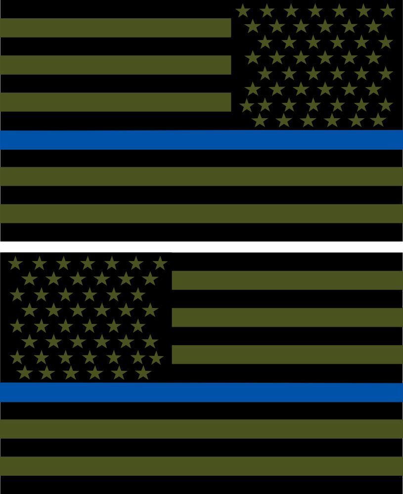 Thin Blue Line Olive Drab Blue Line Set of 2 Tattered USA Flag Decals-Reflective - Powercall Sirens LLC