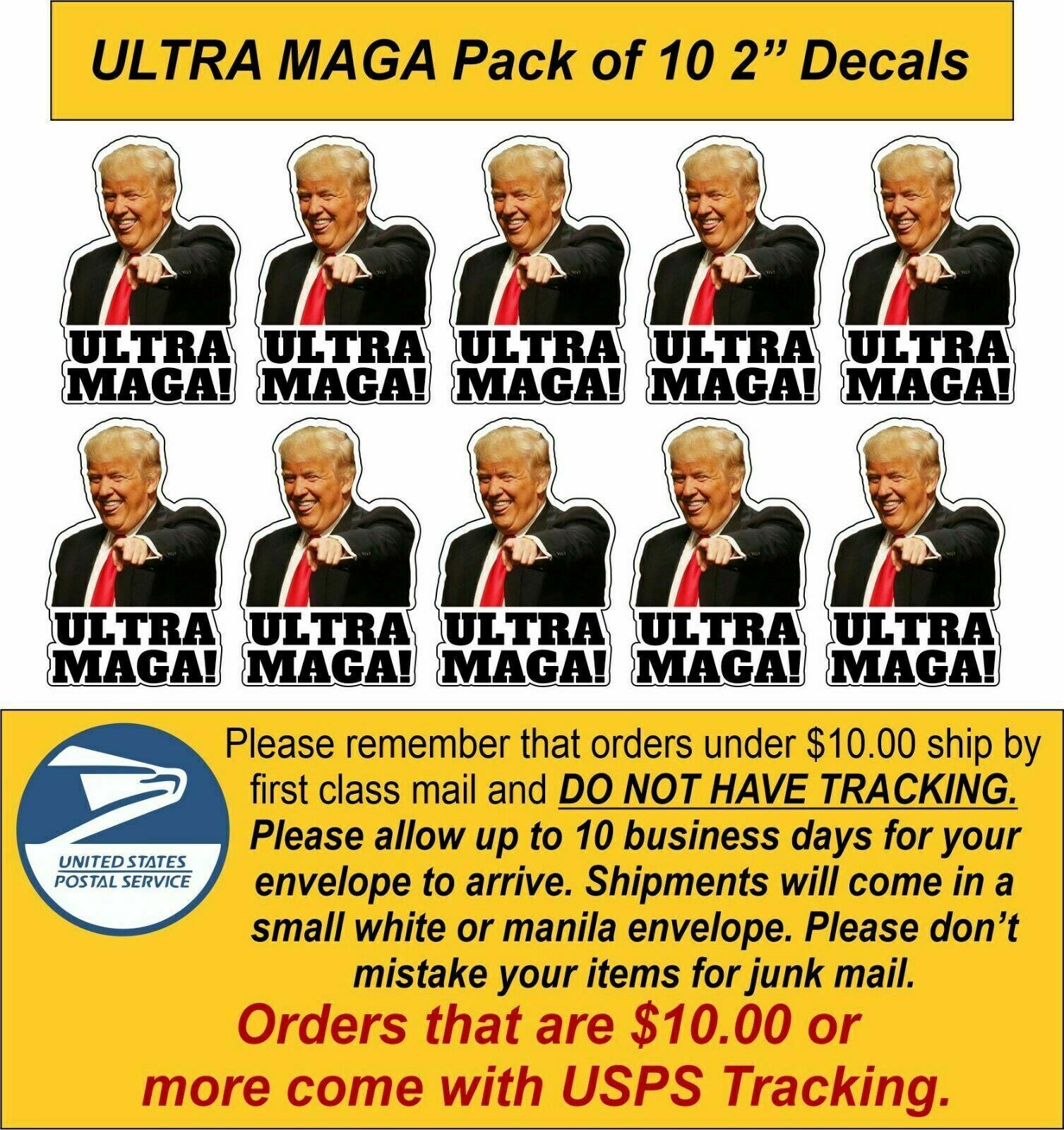Ultra Maga Sticker Pack of 10 Decals 2" x 1.4" Trump Pointing ULTRA MAGA Decal - Powercall Sirens LLC