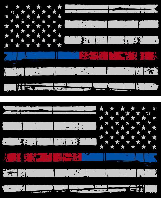 Tattered Police & Fire Thin Blue/Red Line American Flag Decals x 2 - 3" x 1.75" - Powercall Sirens LLC