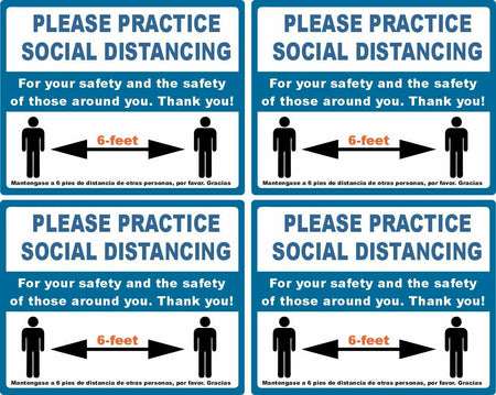 SOCIAL DISTANCING STICKERS 4 PACK of English & Spanish 4x5 Sign Business Decal - Powercall Sirens LLC