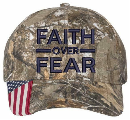 Faith Over Fear Embroidered CWF305 Mossy/Edge Adjustable Hat with Flag Brim - Powercall Sirens LLC