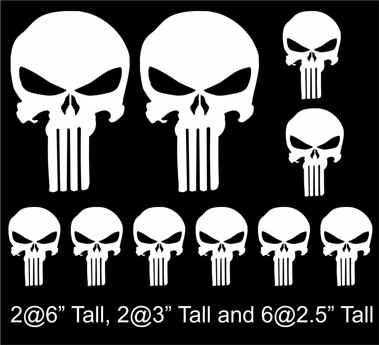 Punisher Skull 10 Pack of Vinyl Decal Window Stickers, Various Colors/Free Ship - Powercall Sirens LLC