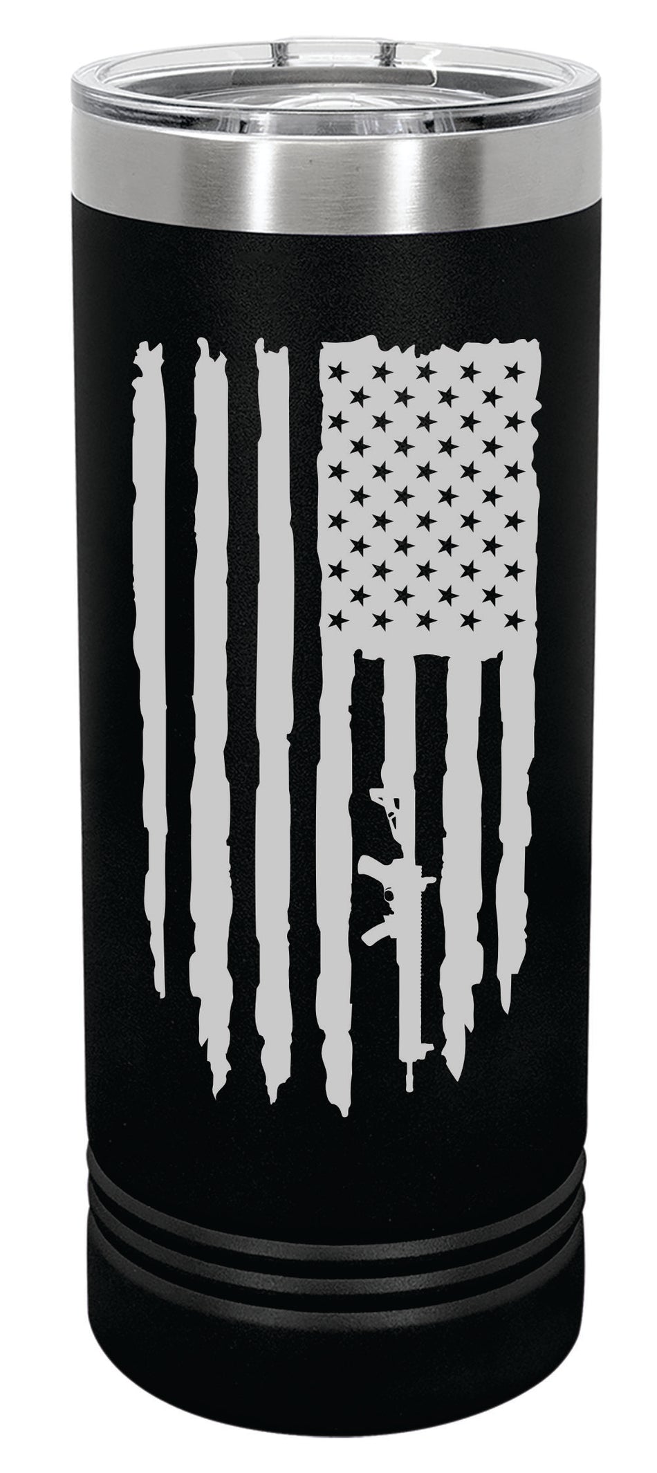 Vertical Distressed Flag AR15 Outline Engraved Skinny Tumbler or Water Bottle - Powercall Sirens LLC
