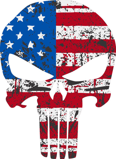 Punisher Skull Tattered USA Flag Style window decal - Powercall Sirens LLC