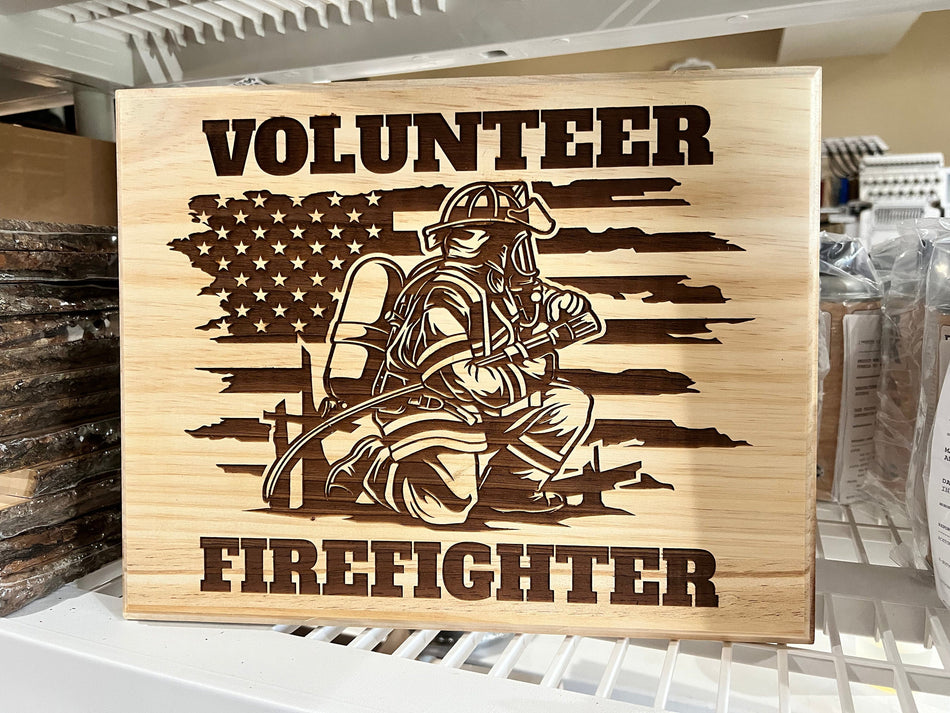 Kneeling Volunteer Firefighter Customizable Engraved Wood Sign