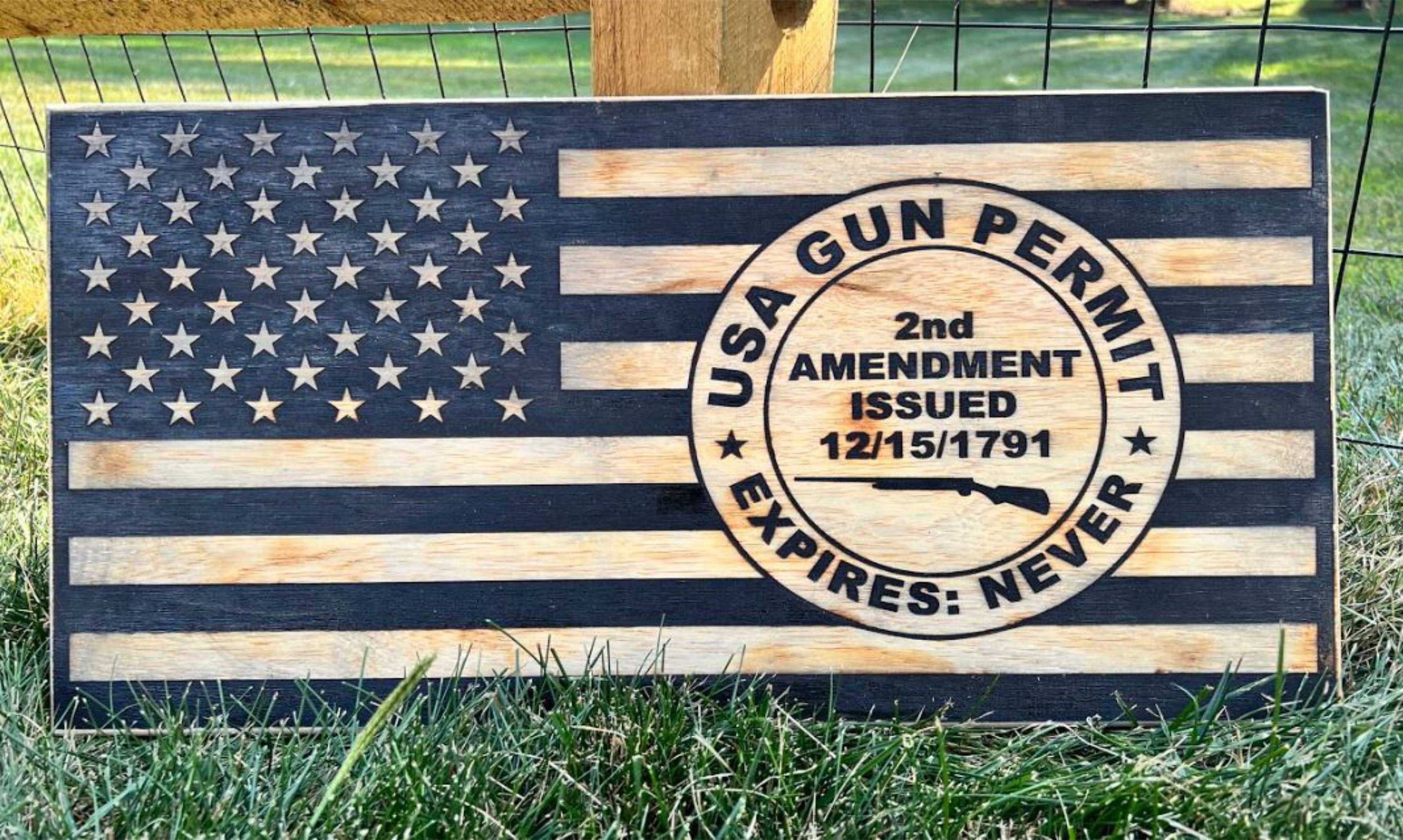 USA Gun Permit custom Laser Engraved Wood Sign 23" x 11" with OPTIONAL text on flag lines 2nd Amendment Gun Rifle