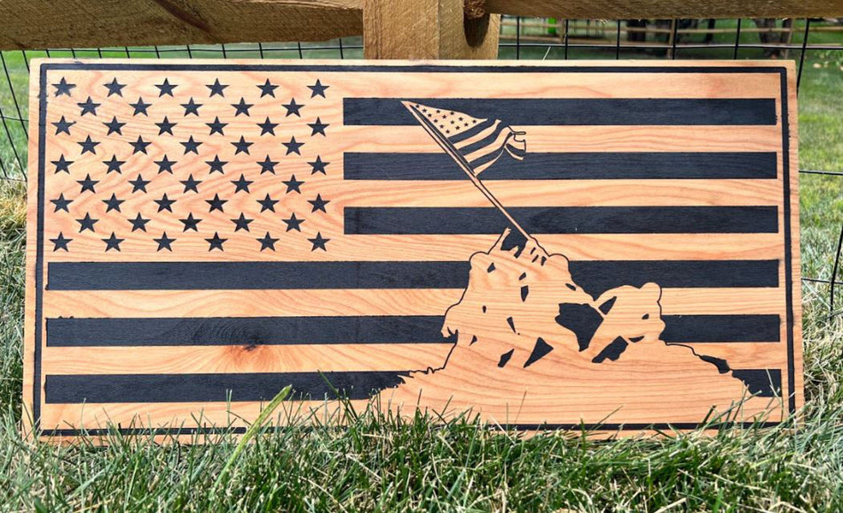 Iwo Jima Flag Custom Laser Engraved Wood Sign 23" x 11" with OPTIONAL text on flag lines US Military Flag Sign