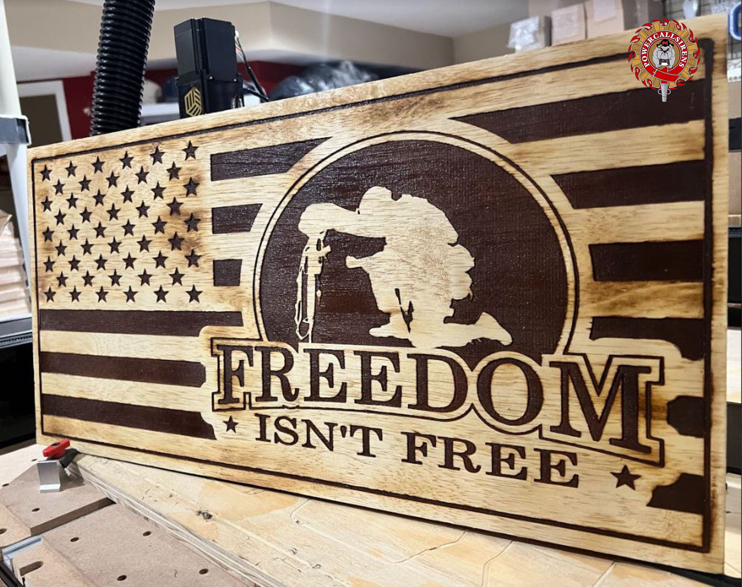 Freedom Isn't Free US Military custom Laser Engraved Wood Sign 23" x 11" with OPTIONAL text on flag lines US Military Flag Sign