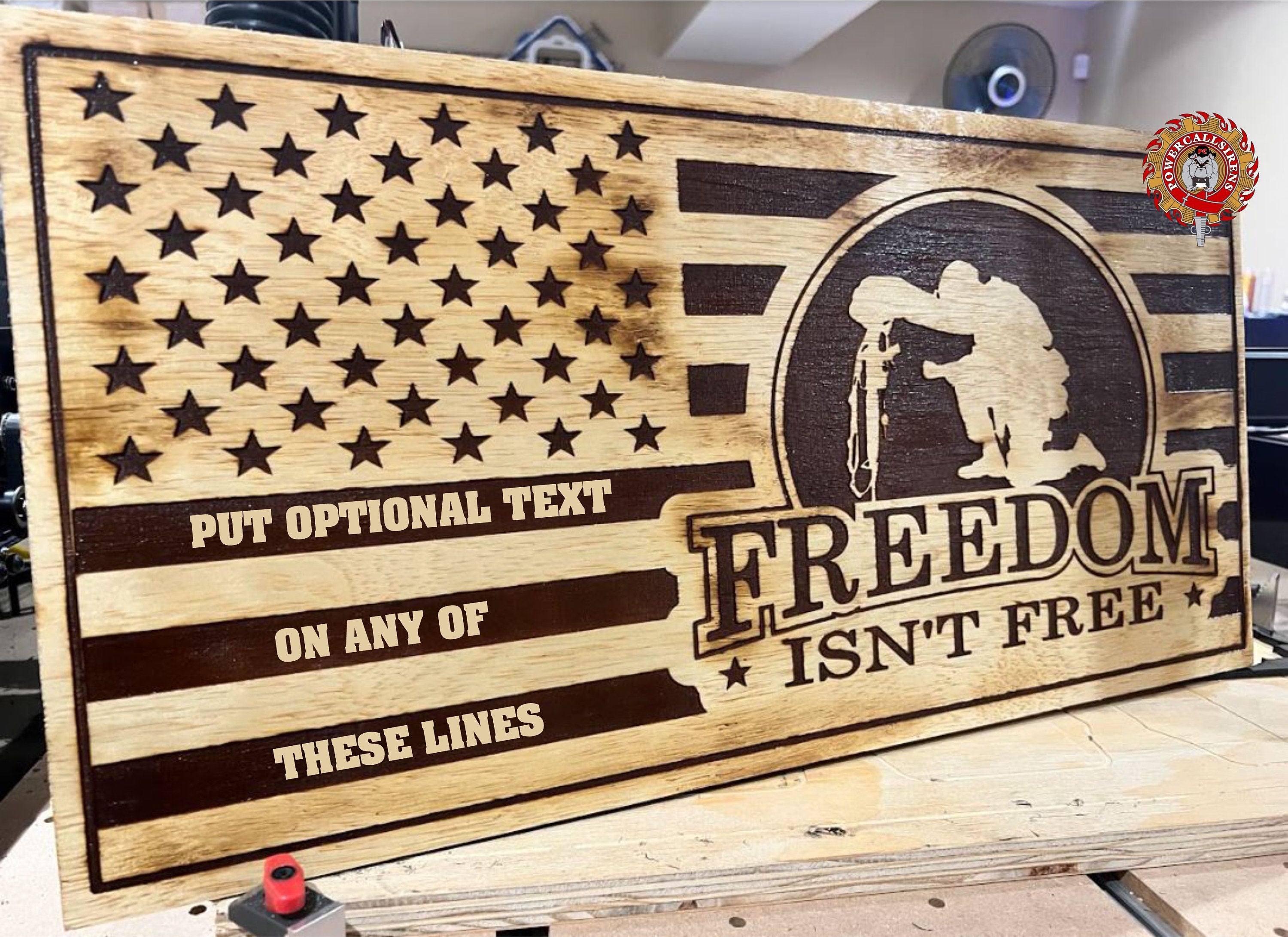 Freedom Isn't Free US Military custom Laser Engraved Wood Sign 23" x 11" with OPTIONAL text on flag lines US Military Flag Sign