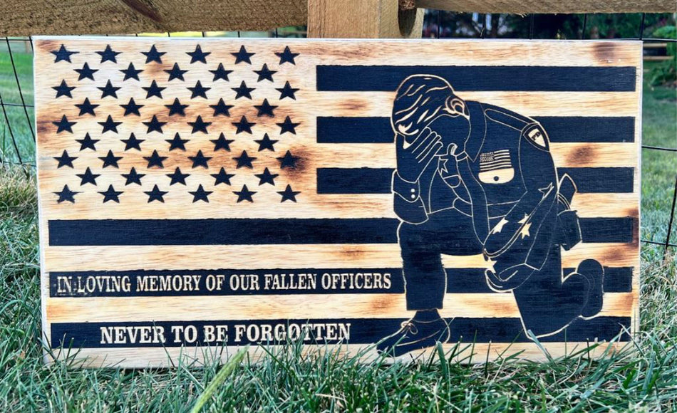 Fallen Police Officer Flag LEO Law Enforcement Laser Engraved Wood Sign 23" x 11" with OPTIONAL custom text at no extra charge